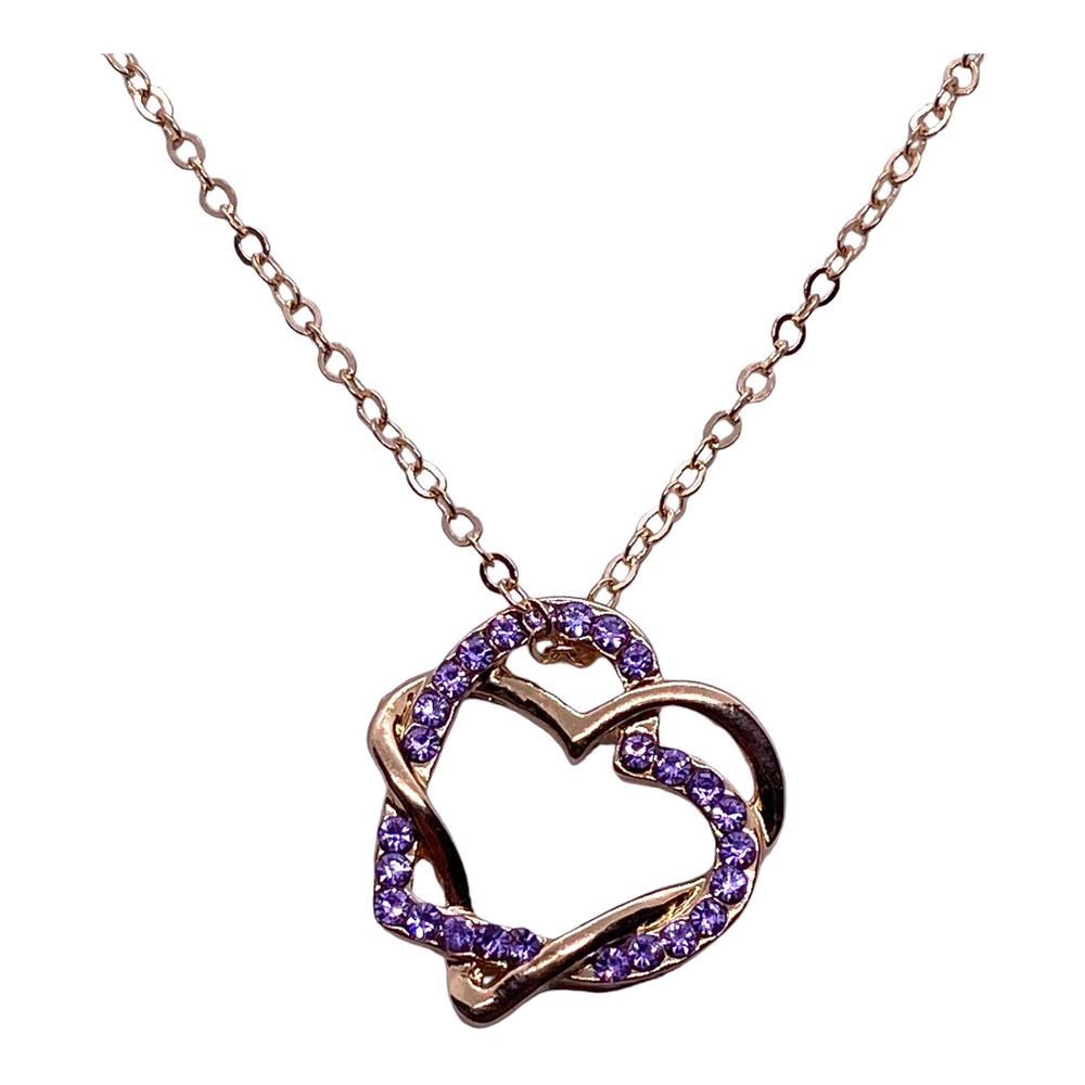 Imitation Yellow Gold Purple Rhinestone Double Heart Pendant Necklace Gift Box